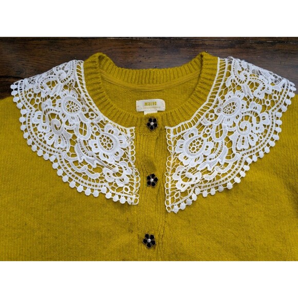 RARE Maeve Anthropologie Yellow Cardigan S Cropped Lace Collar Flower Button - Picture 7 of 13